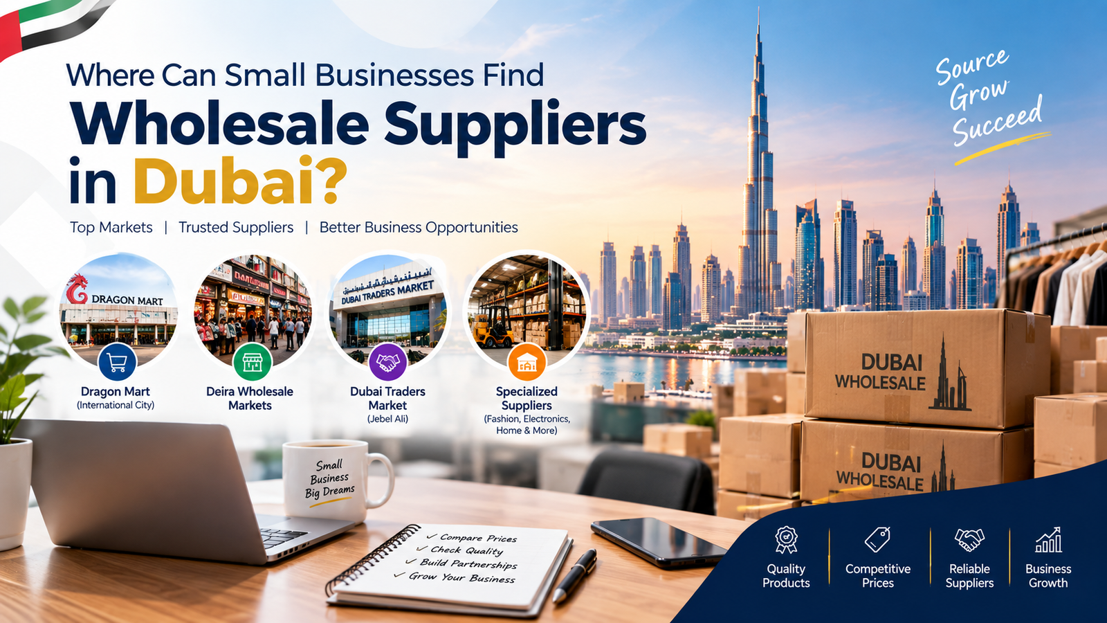 Wholesale suppliers in Dubai with Dragon Mart, Deira Wholesale Markets, Dubai Traders Market, and wholesale products