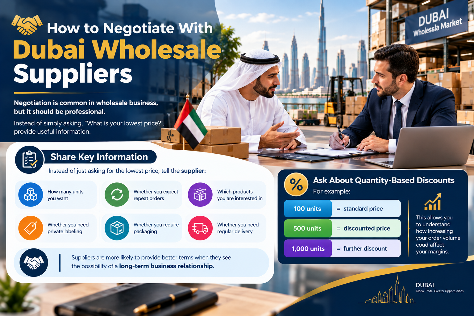Professional business negotiation with Dubai wholesale suppliers showing quantity-based discounts, order details, packaging, private labeling, and long-term supplier relationships