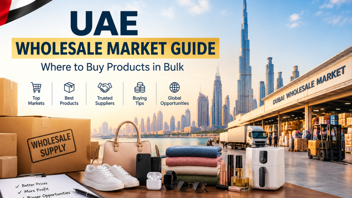 UAE Wholesale Market Guide featuring Dubai skyline, wholesale products, suppliers, shipping boxes, and bulk buying opportunities