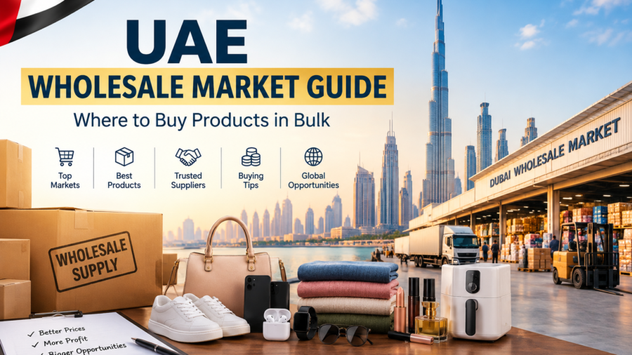 UAE Wholesale Market Guide featuring Dubai skyline, wholesale products, suppliers, shipping boxes, and bulk buying opportunities