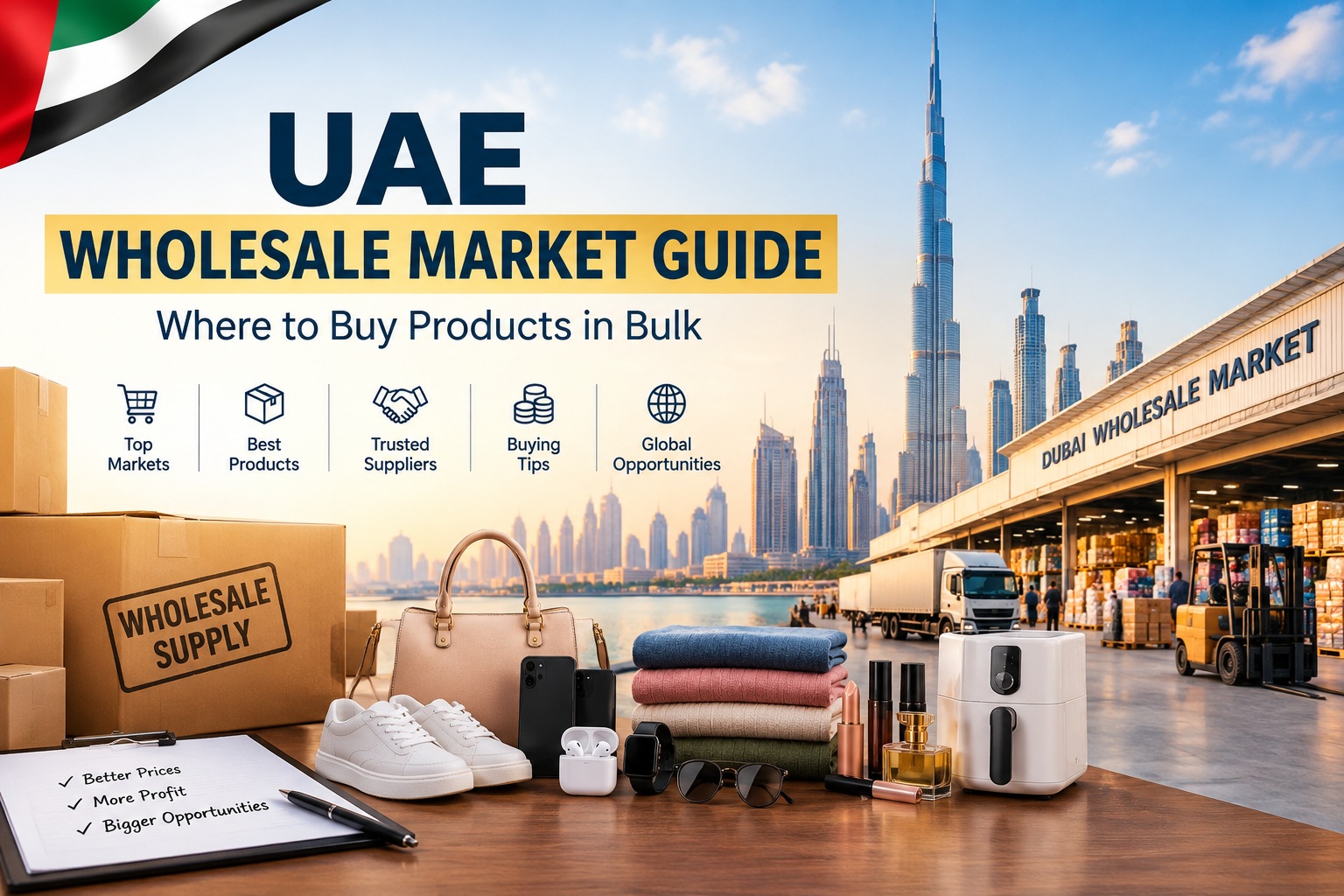 UAE Wholesale Market Guide featuring Dubai skyline, wholesale products, suppliers, shipping boxes, and bulk buying opportunities