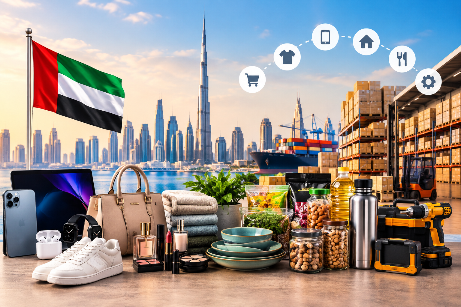 Wholesale products in the UAE including electronics, fashion, cosmetics, food items, homeware, tools, and warehouse goods.