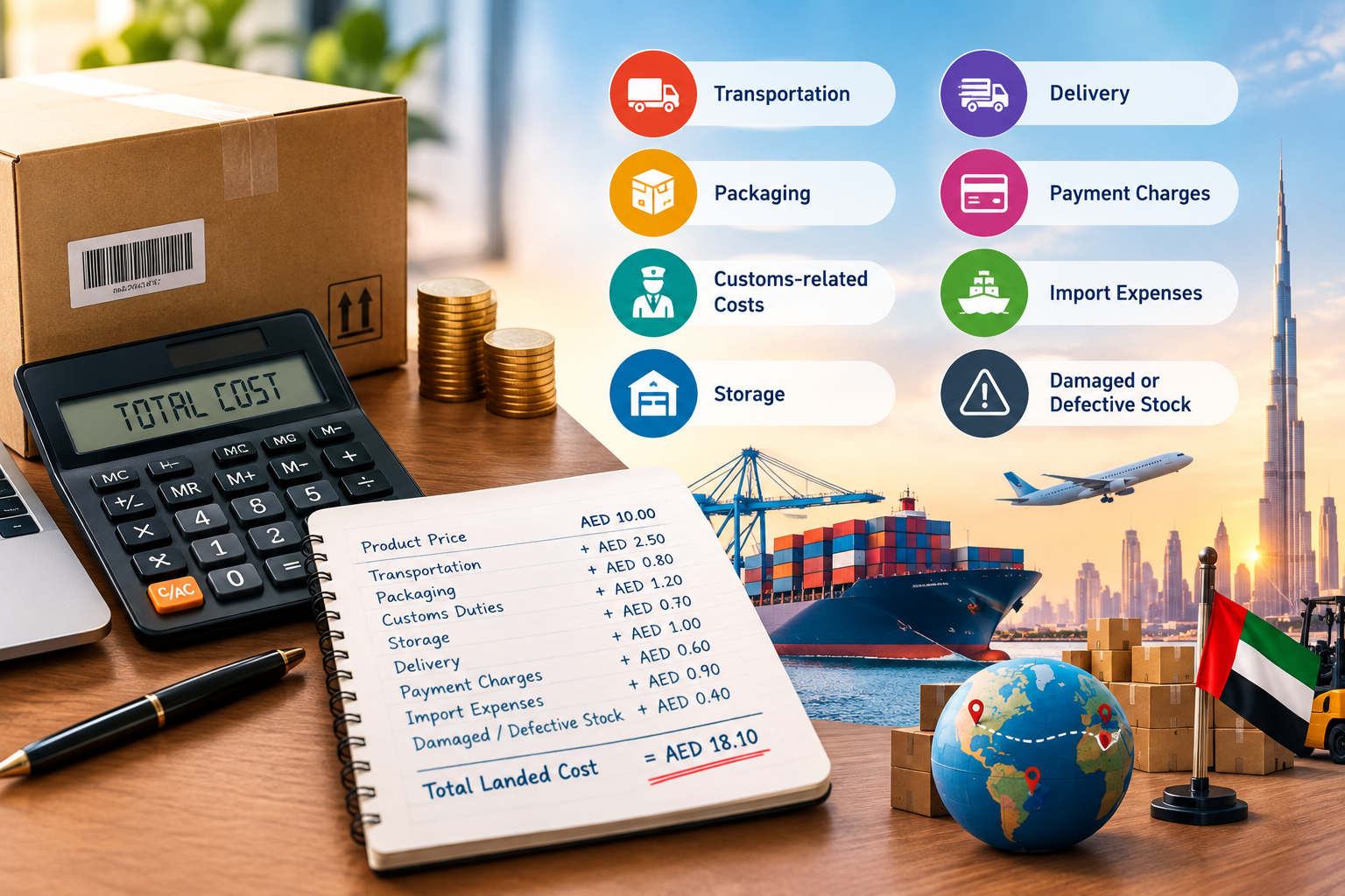 Calculator, product box, shipping containers, and logistics expenses illustrating wholesale landed cost calculation in the UAE.