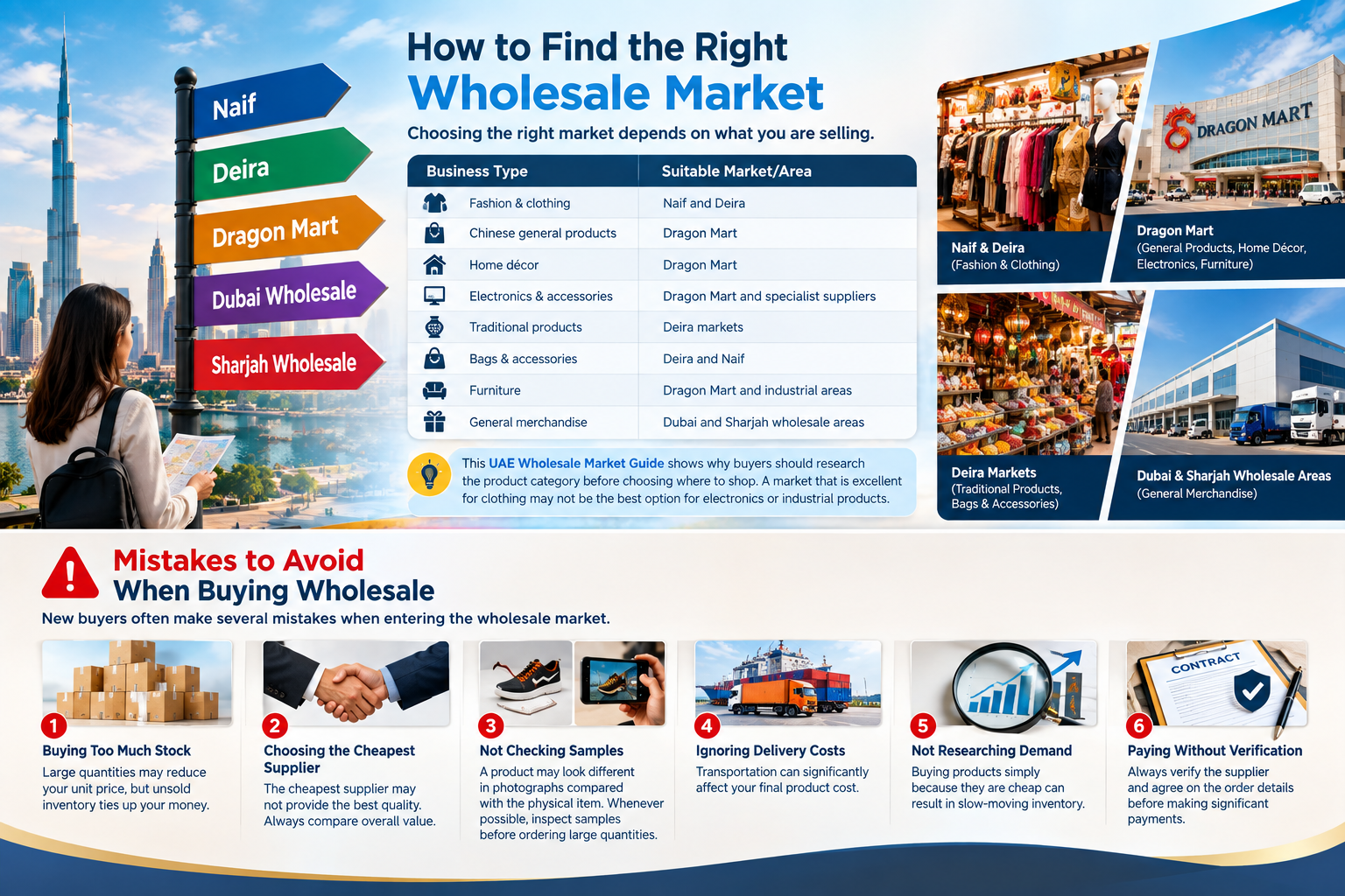 UAE wholesale market guide showing suitable markets for clothing, electronics, furniture, home décor, and general merchandise, plus common wholesale buying mistakes.