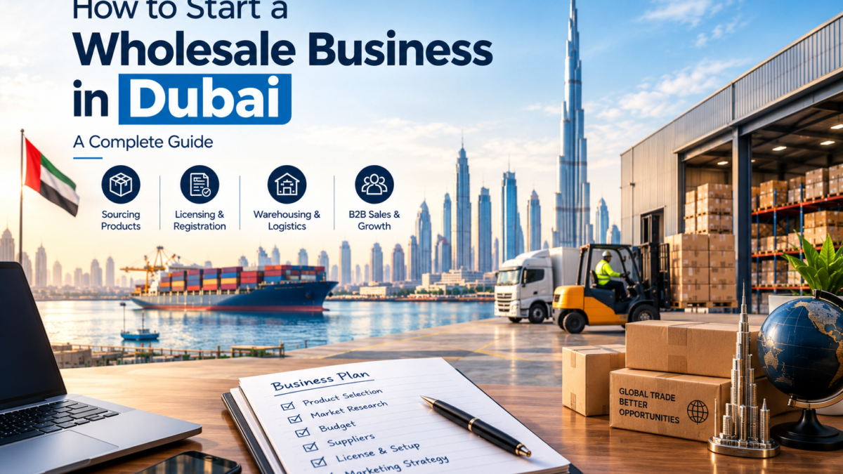 How to Start a Wholesale Business in Dubai guide with Dubai skyline, warehouse, logistics and business planning