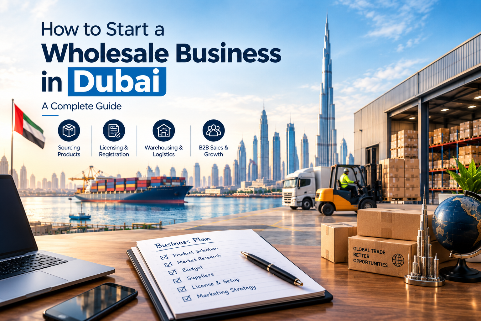 How to Start a Wholesale Business in Dubai guide with Dubai skyline, warehouse, logistics and business planning