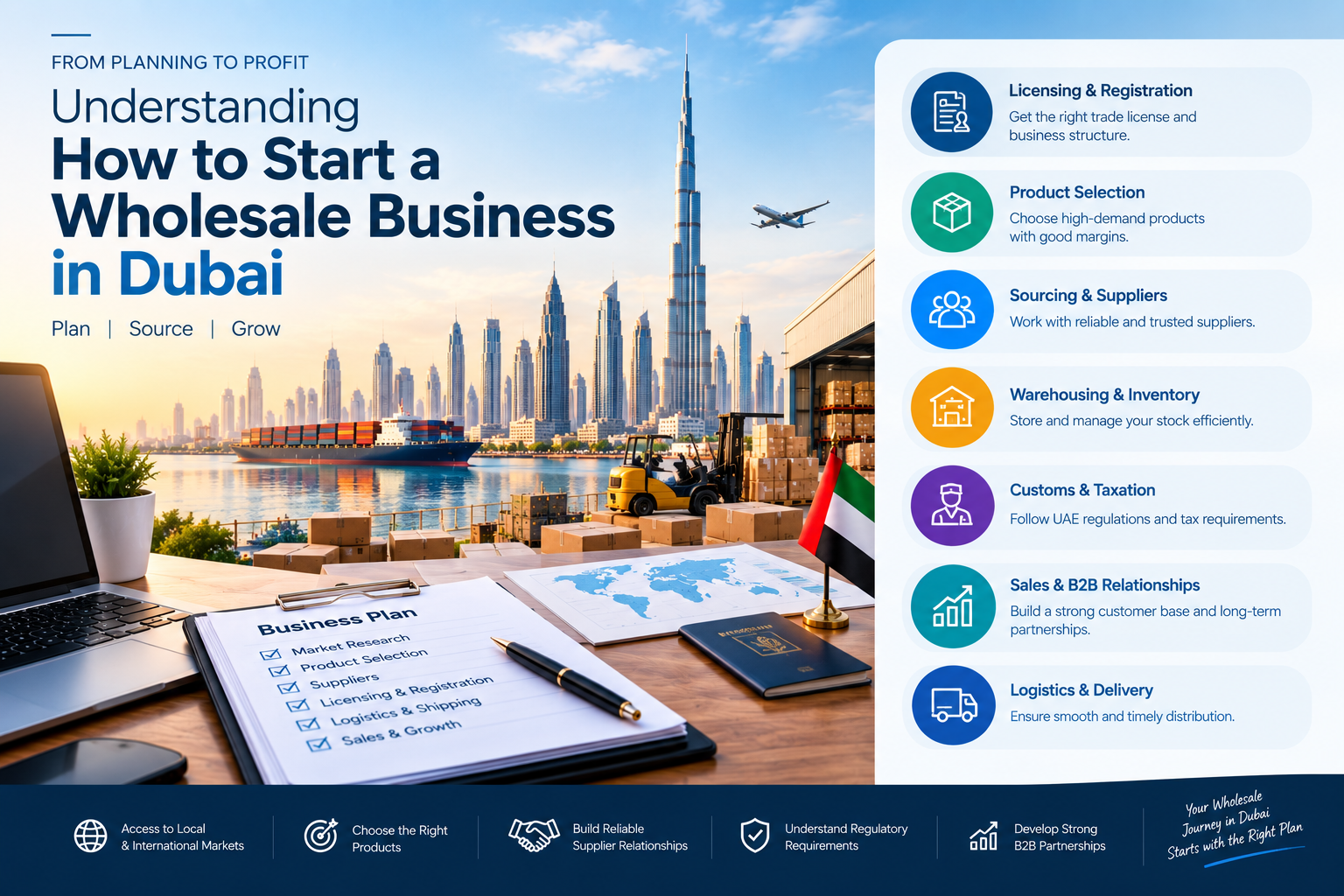 Professional Dubai wholesale business guide showing business planning, product sourcing, licensing, warehousing, customs, logistics, and B2B growth.