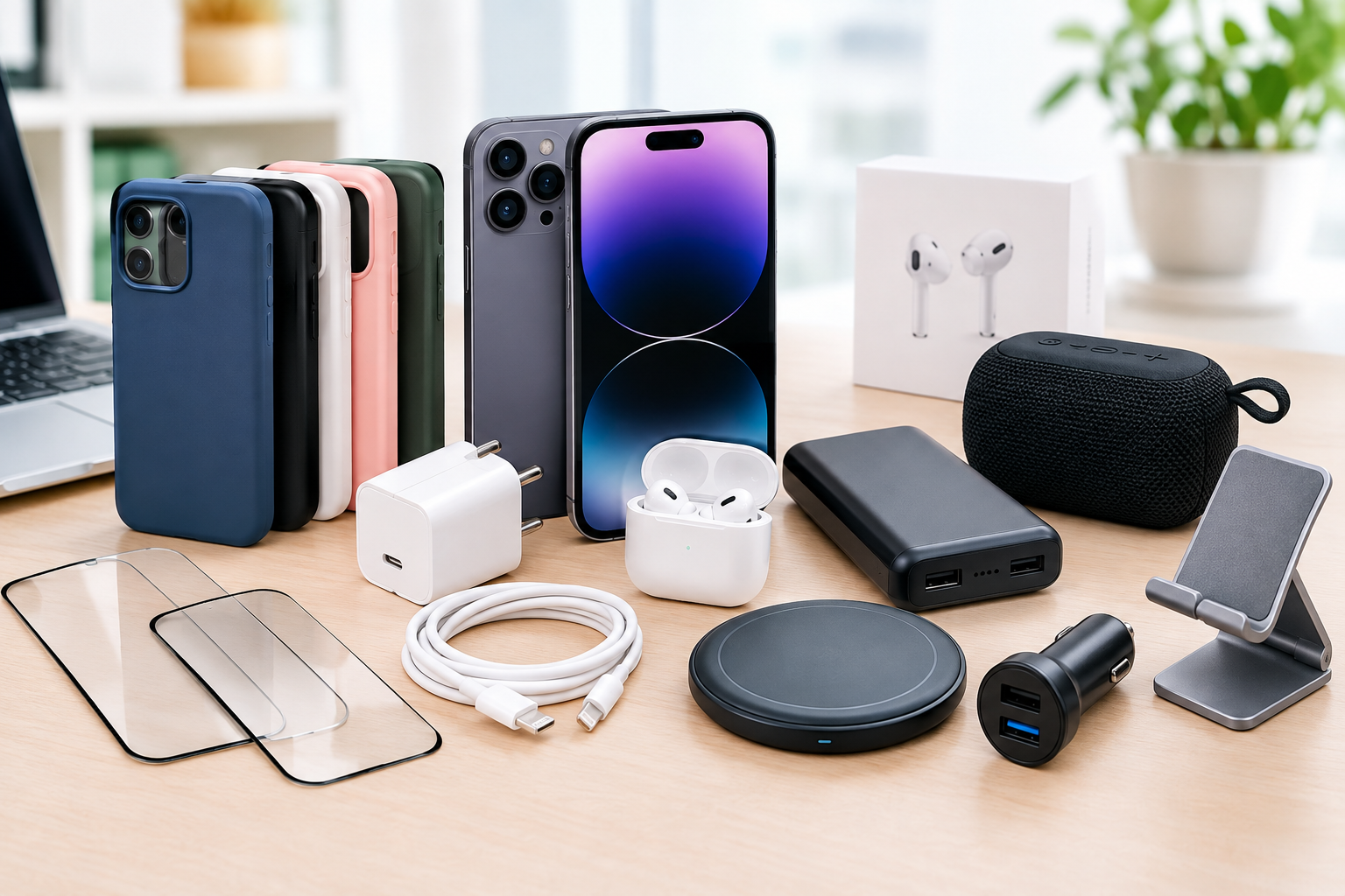Wholesale electronics and mobile accessories including smartphones, phone cases, chargers, cables, power bank, earbuds, Bluetooth speaker, and phone stands.