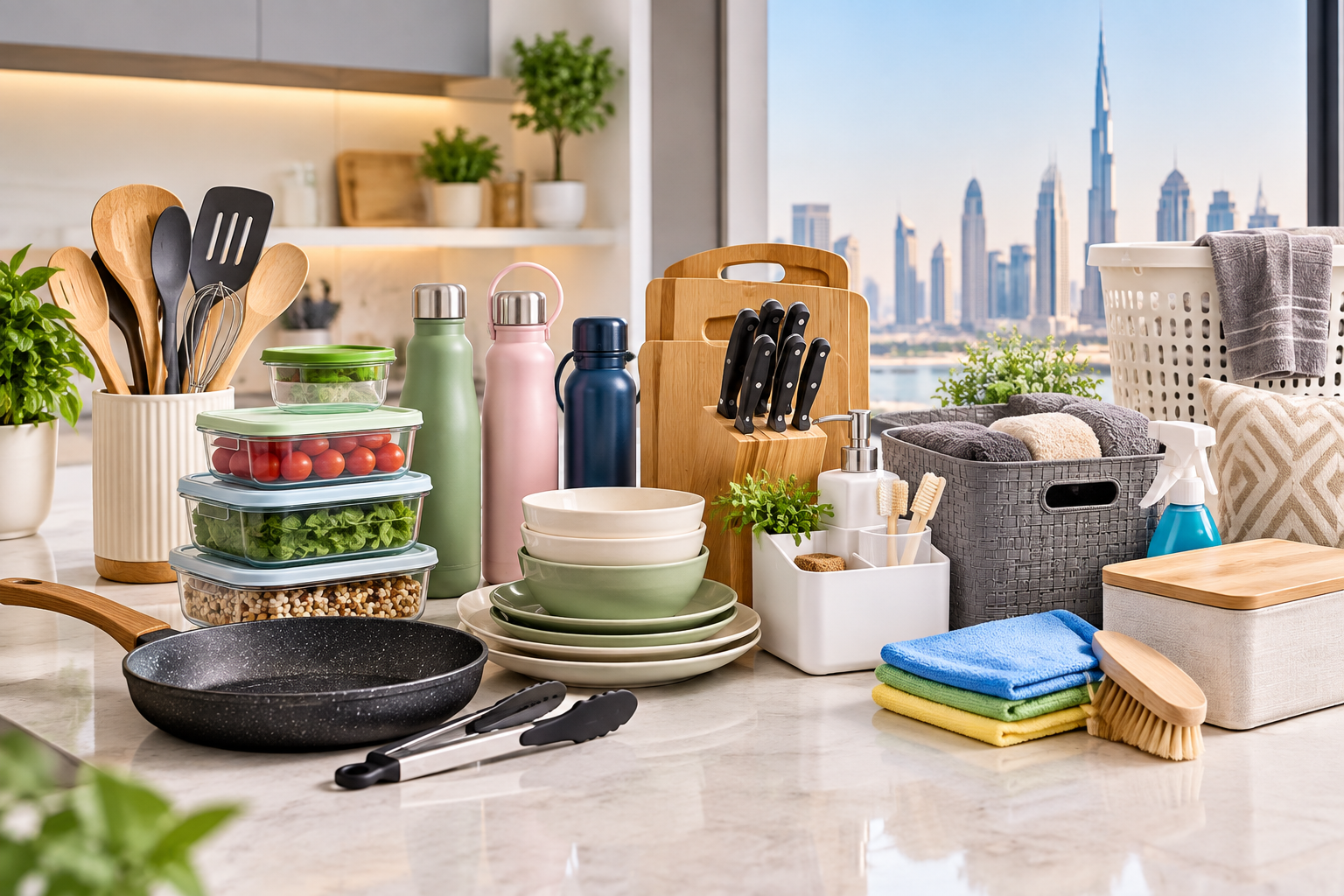 Home and kitchen wholesale products including kitchen organizers, food storage containers, reusable bottles, cookware, cleaning accessories, and storage items in a modern Dubai kitchen.