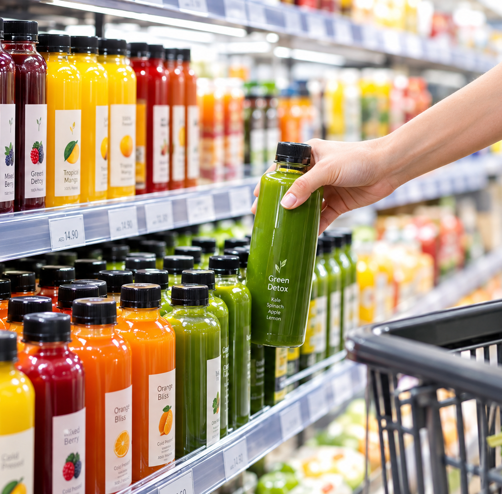 Shopper selecting a green juice bottle from a supermarket shelf with a variety of wholesale food and beverage products in the UAE.