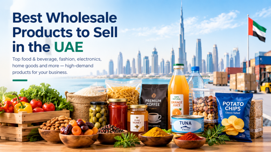 Best wholesale products to sell in the UAE, featuring food, beverages, spices, snacks, and wholesale goods with the Dubai skyline.