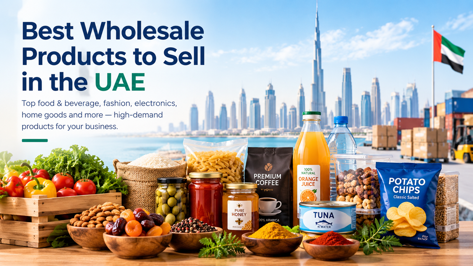 Best wholesale products to sell in the UAE, featuring food, beverages, spices, snacks, and wholesale goods with the Dubai skyline.