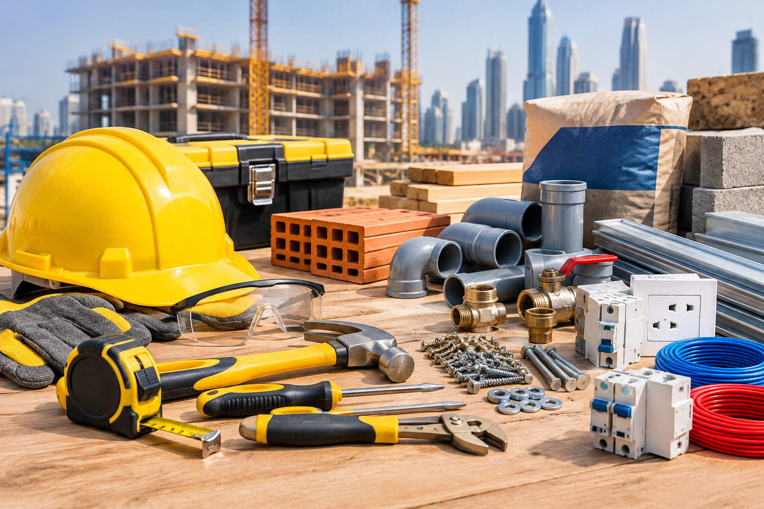 Building and hardware products including hand tools, safety equipment, fasteners, plumbing fittings, electrical accessories, and construction materials in the UAE.