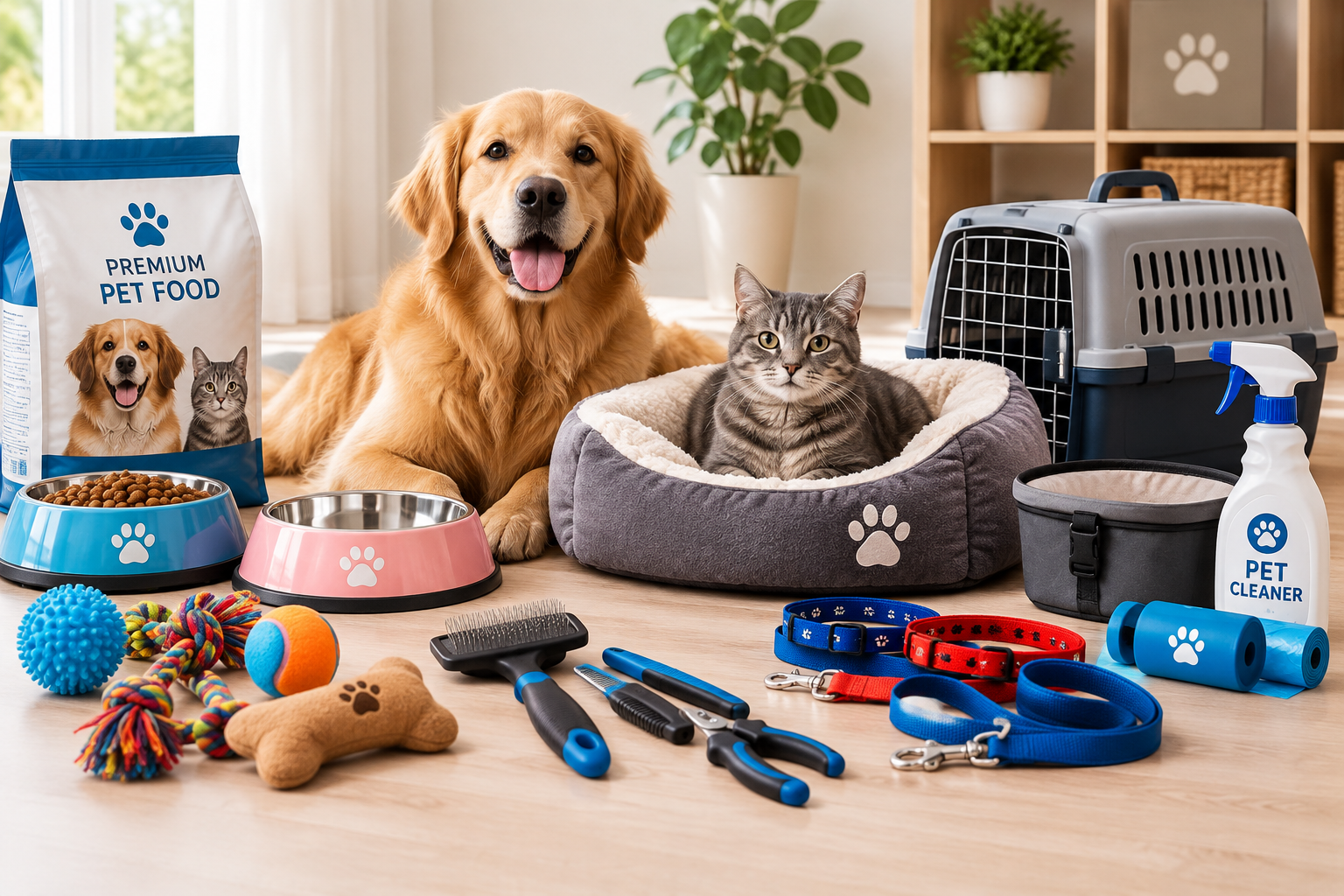 Golden retriever and tabby cat surrounded by wholesale pet products, including pet beds, bowls, toys, grooming tools, collars, leashes, and travel accessories.