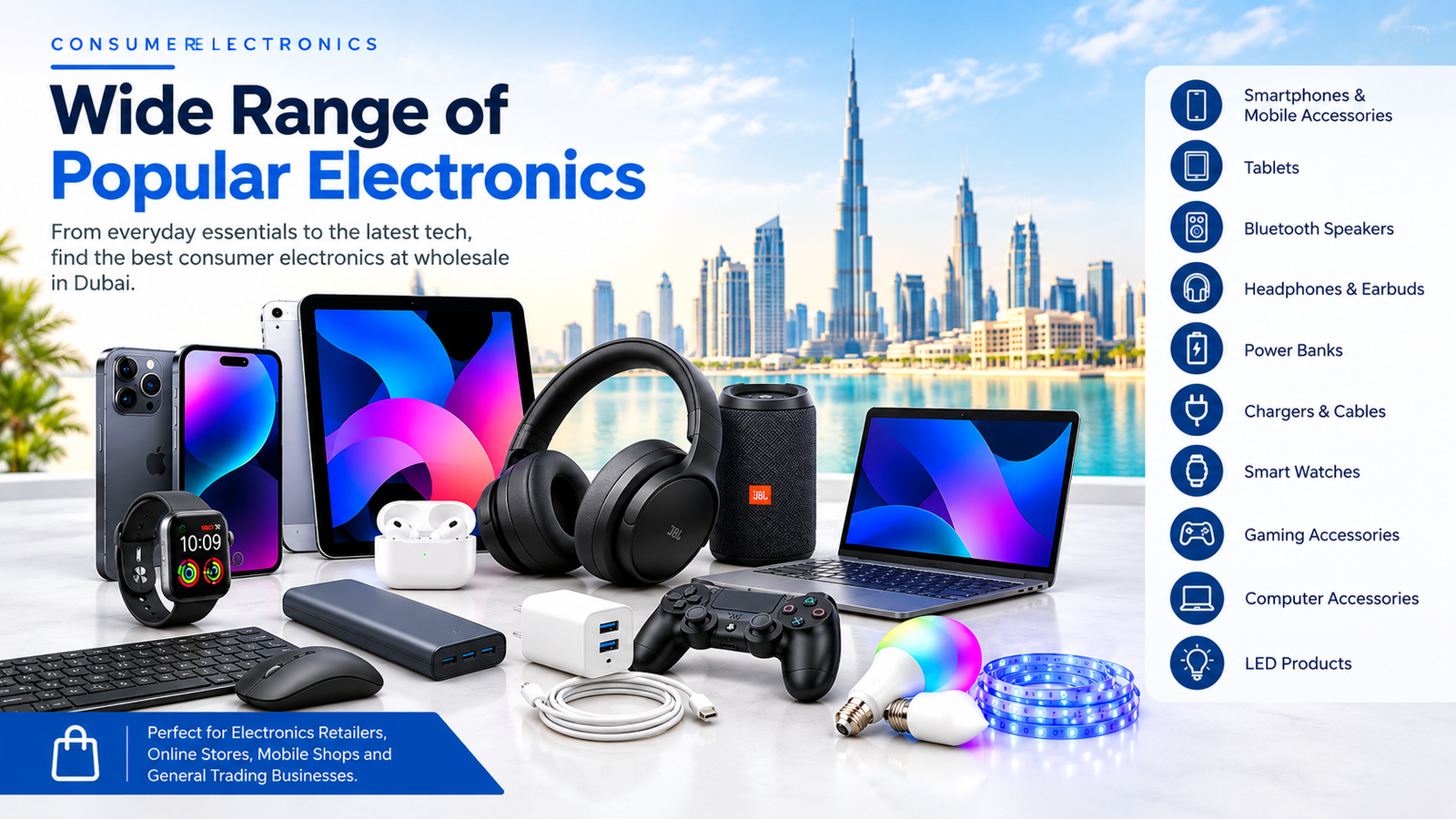 Consumer electronics available in Dubai wholesale markets, including smartphones, tablets, headphones, speakers, smartwatches, power banks, gaming accessories, computer accessories, and LED products.
