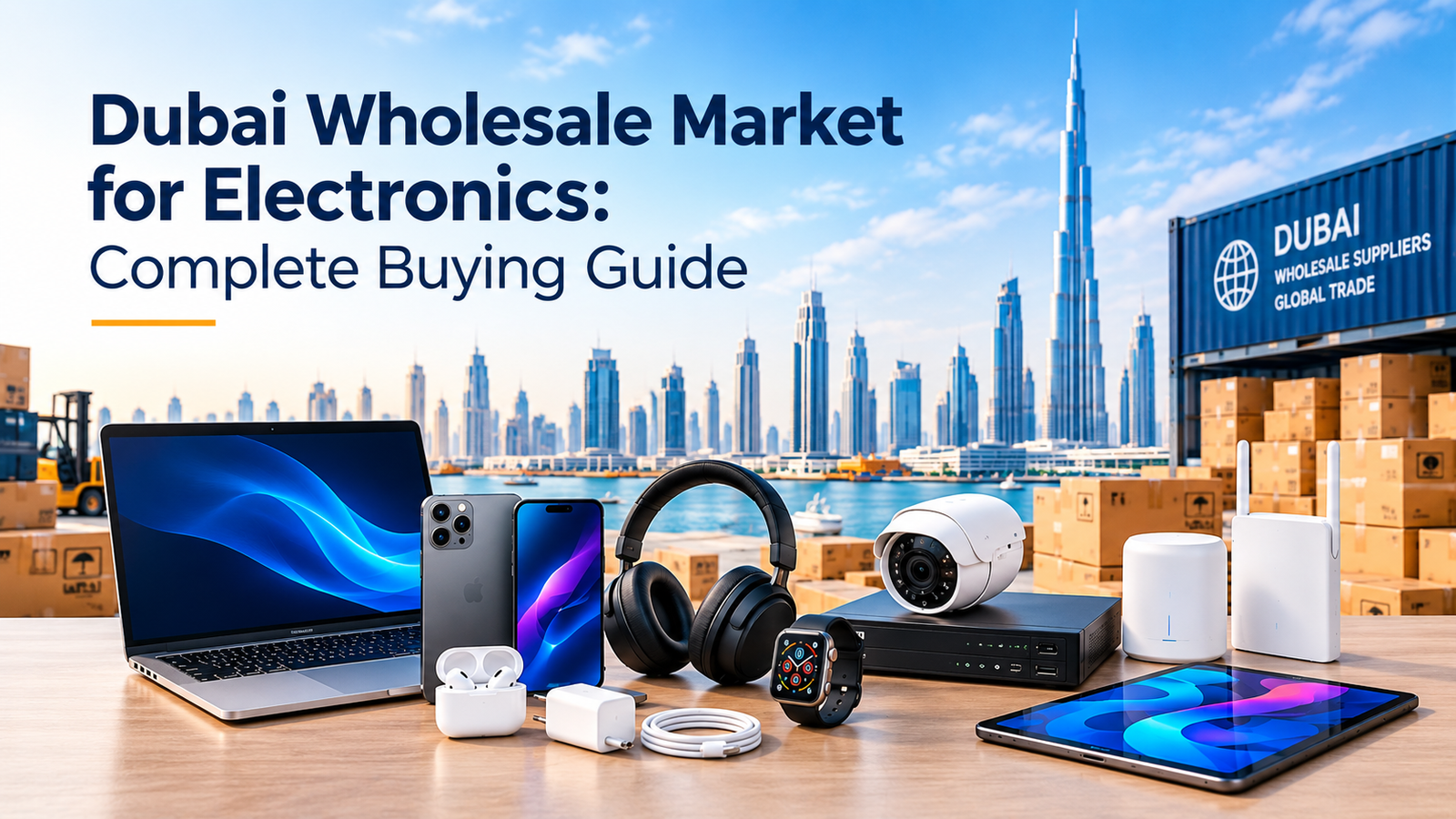 Dubai wholesale market for electronics featuring smartphones, laptops, CCTV cameras, smart devices, and wholesale products with Dubai skyline in the background.