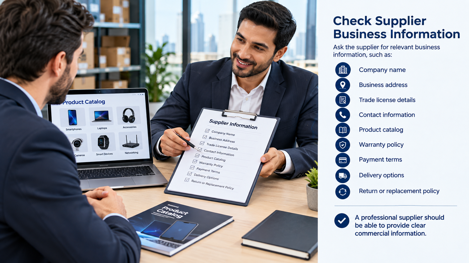 Buyer reviewing a wholesale supplier’s company details, trade license, product catalog, warranty, payment terms, delivery options, and return policy.