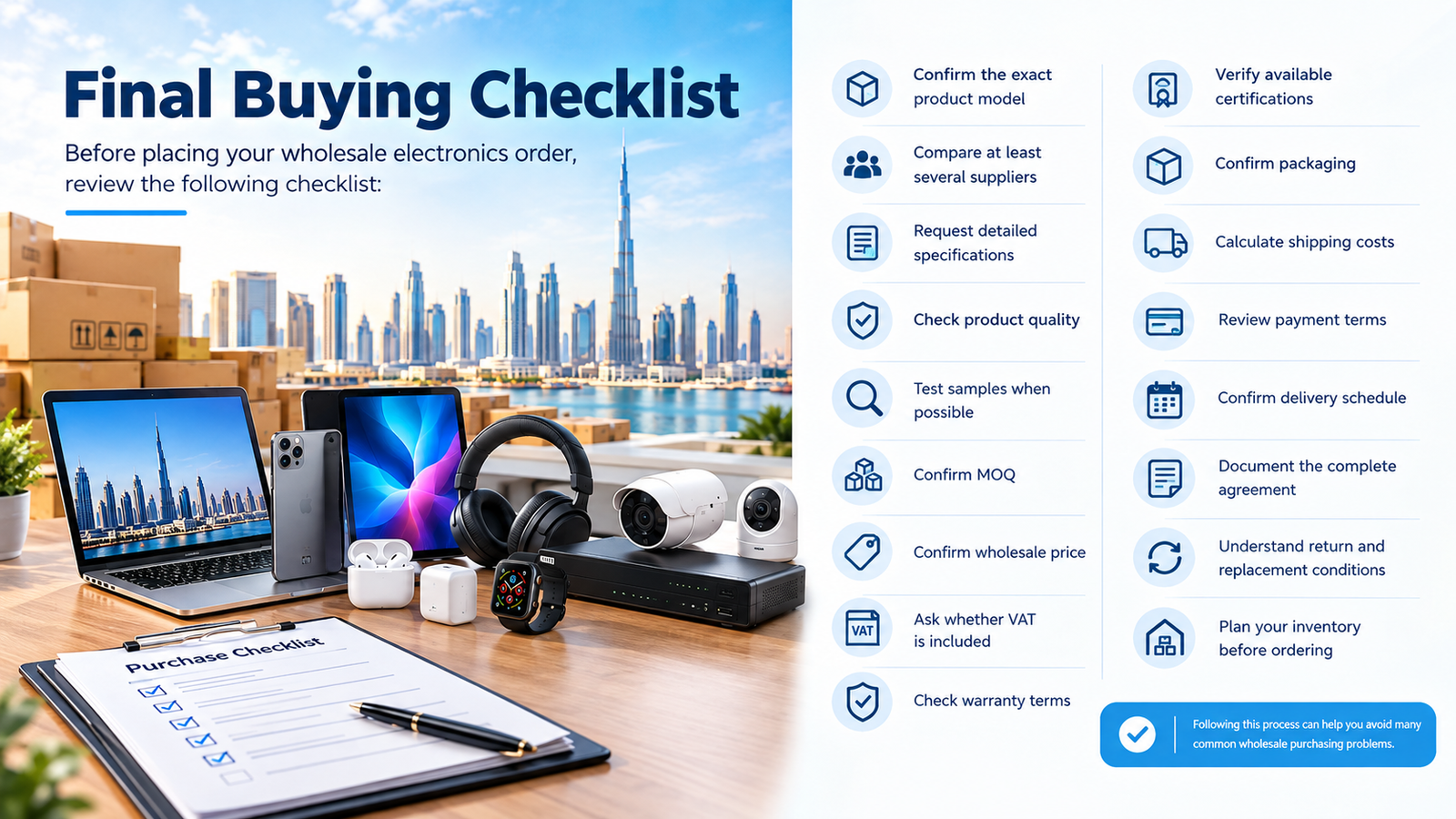 Final buying checklist for wholesale electronics in Dubai covering product models, suppliers, specifications, quality, MOQ, VAT, warranty, certifications, shipping, payment terms, delivery, returns, and inventory planning.