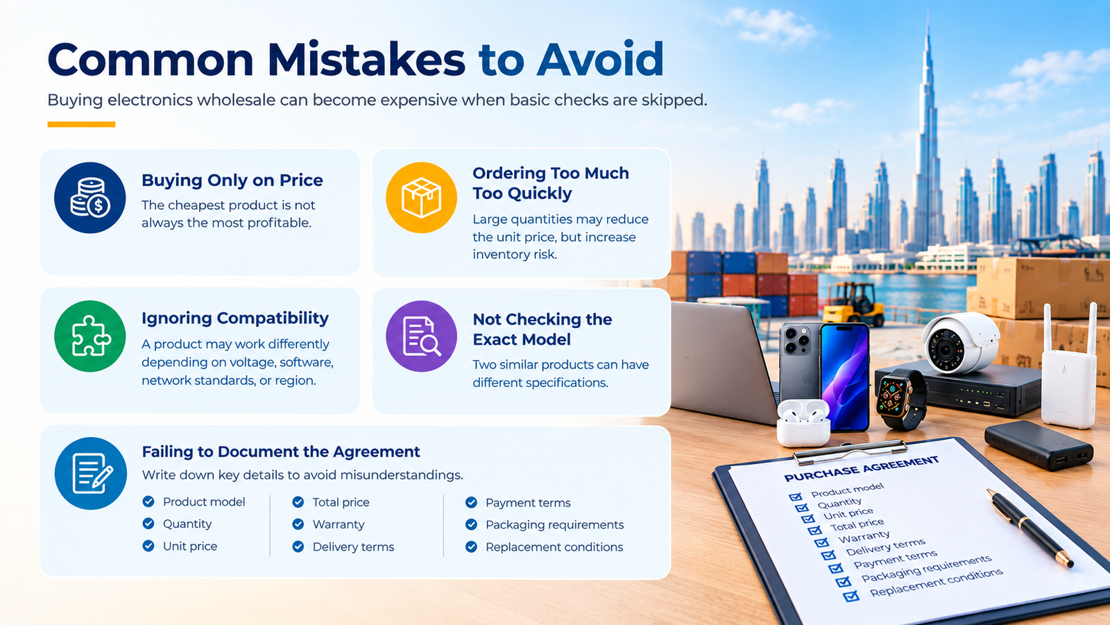 Common wholesale electronics buying mistakes including focusing only on price, ordering too much, ignoring compatibility, not checking models, and failing to document agreements.