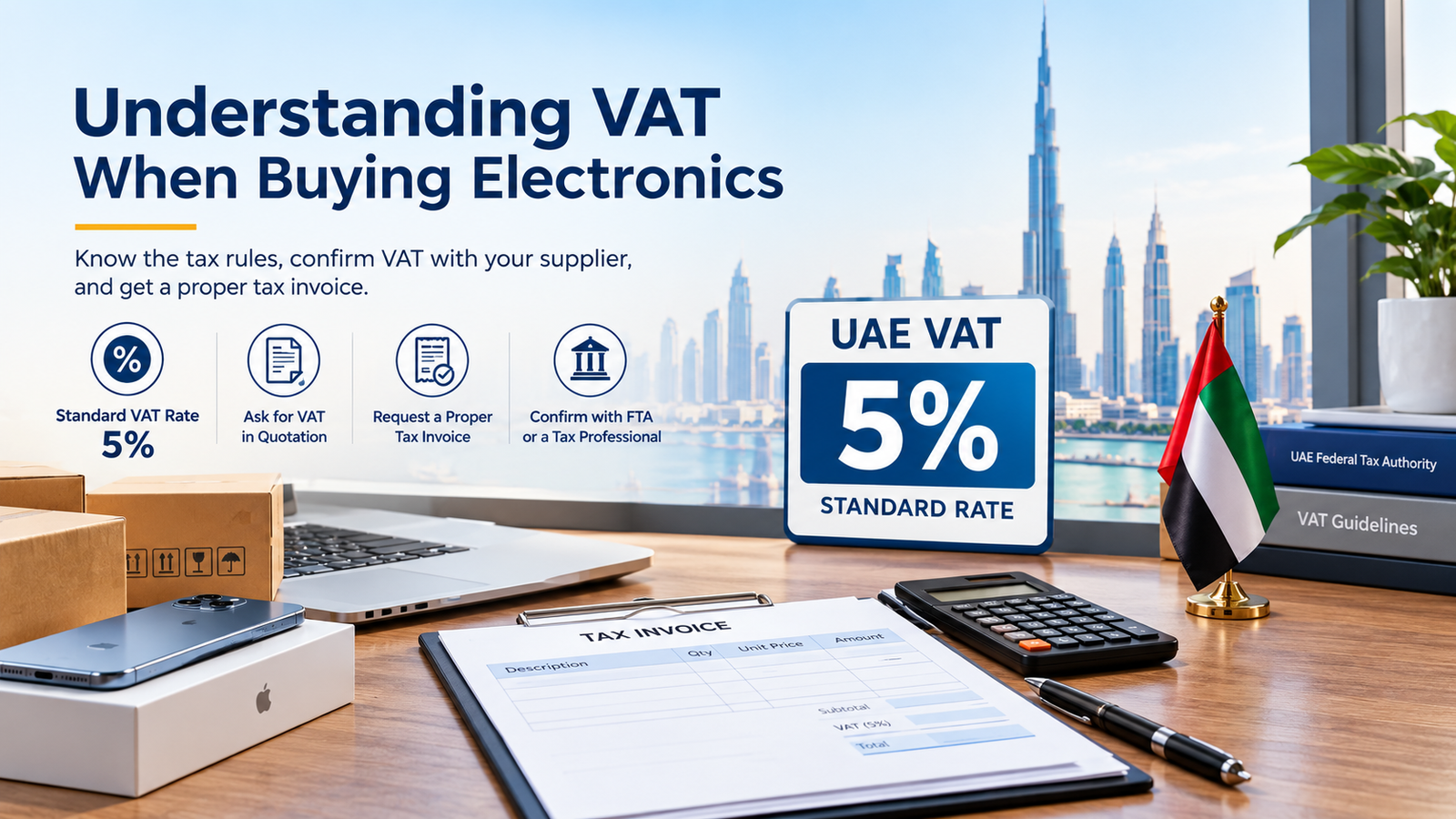 UAE VAT 5% standard rate for electronics purchases, with a tax invoice, calculator, electronics, and Dubai skyline.