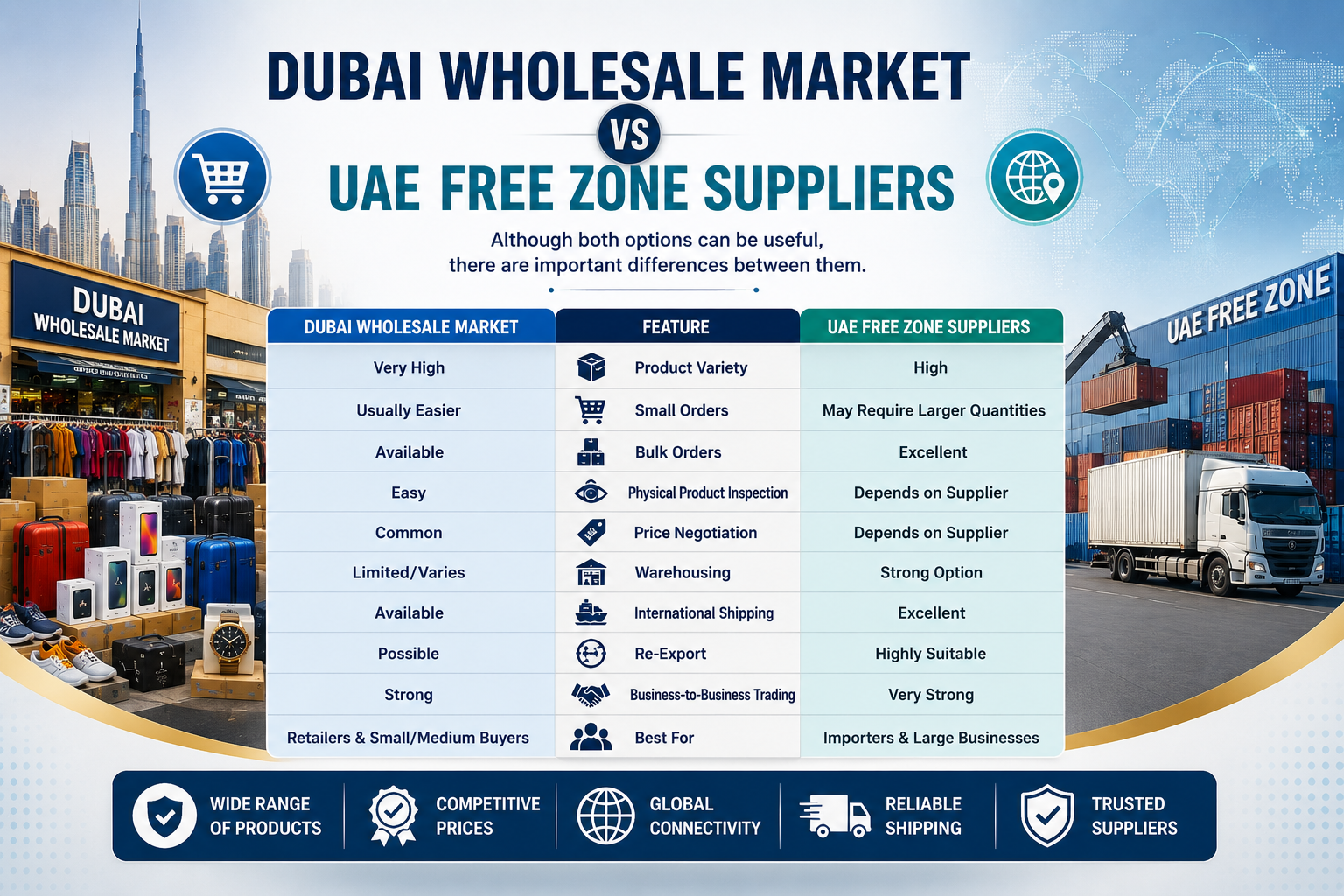 Dubai Wholesale Market vs UAE Free Zone Suppliers
Although both options can be useful, there are important differences between them.
FeatureDubai Wholesale MarketUAE Free Zone SuppliersProduct VarietyVery HighHighSmall OrdersUsually EasierMay Require Larger QuantitiesBulk OrdersAvailableExcellentPhysical Product InspectionEasyDepends on SupplierPrice NegotiationCommonDepends on SupplierWarehousingLimited/VariesStrong OptionInternational ShippingAvailableExcellentRe-ExportPossibleHighly SuitableBusiness-to-Business TradingStrongVery StrongBest ForRetailers & Small/Medium BuyersImporters & Large Businesses