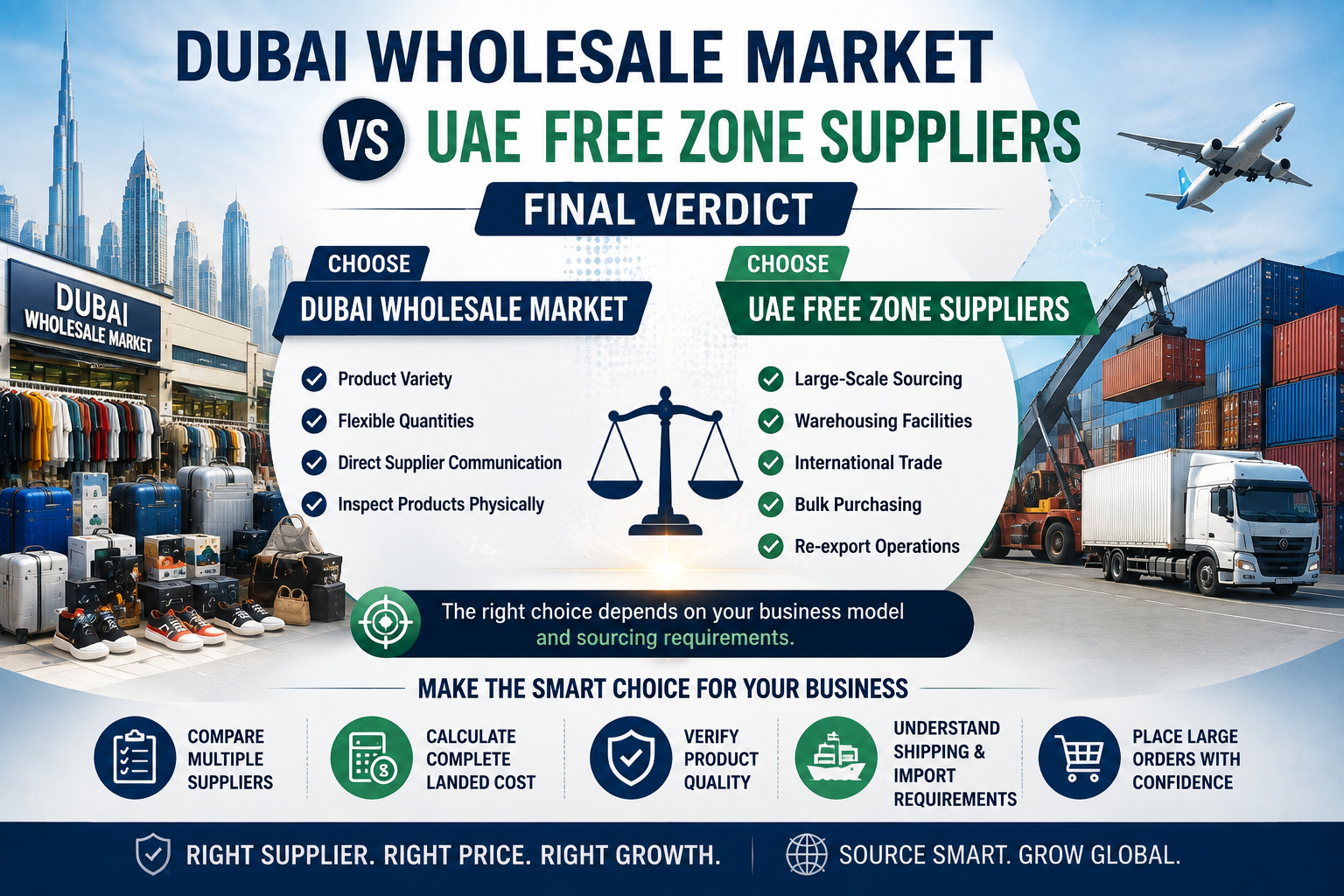 Dubai Wholesale Market vs UAE Free Zone Suppliers comparison showing product variety, flexible quantities, warehousing, international trade, bulk purchasing, and re-export benefits