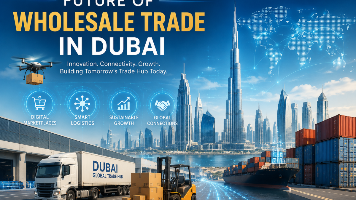 Future of wholesale trade in Dubai with smart logistics, global shipping, digital marketplaces, and Dubai skyline