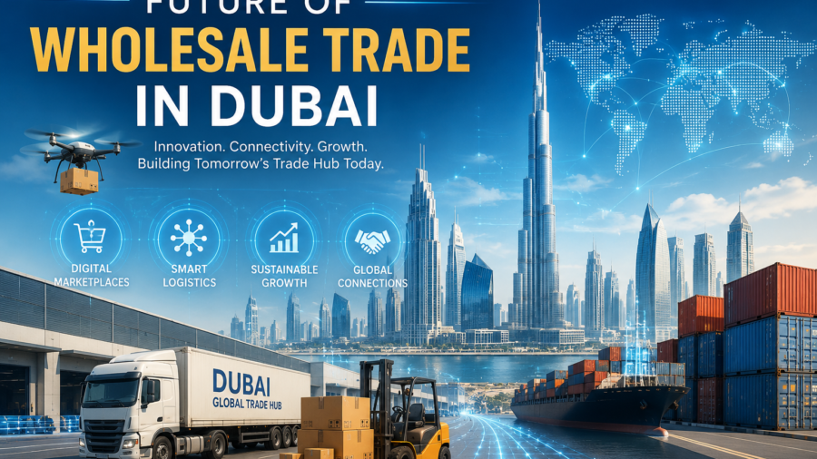 Future of wholesale trade in Dubai with smart logistics, global shipping, digital marketplaces, and Dubai skyline