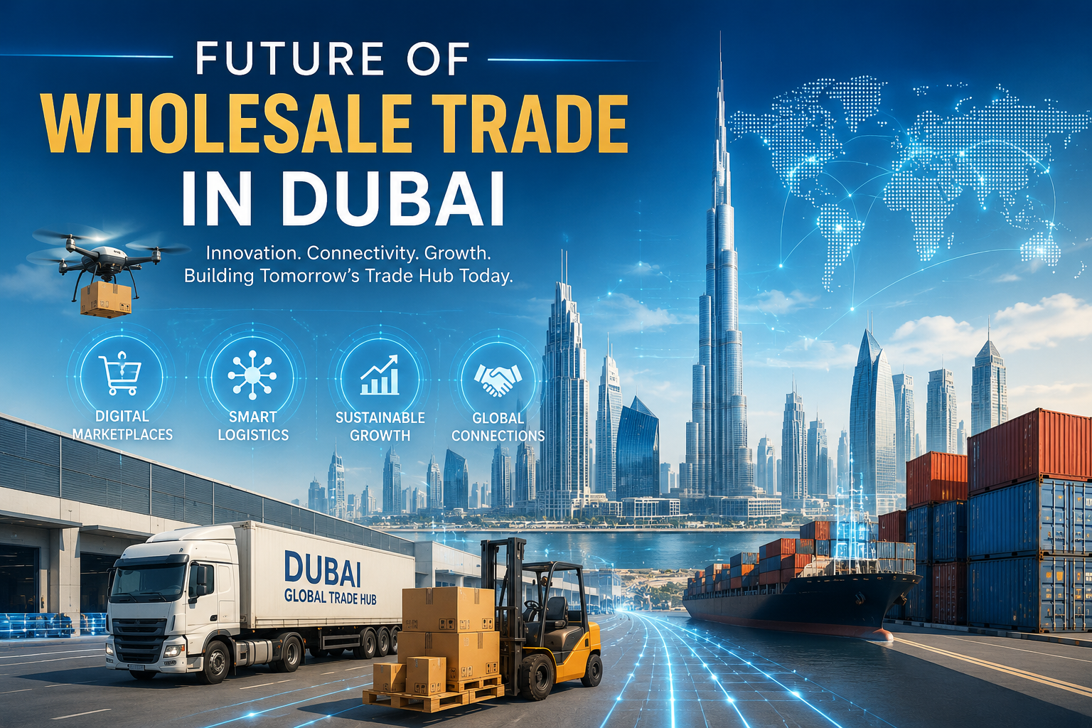 Future of wholesale trade in Dubai with smart logistics, global shipping, digital marketplaces, and Dubai skyline