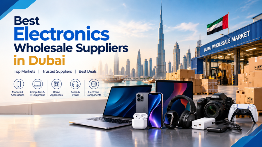 Electronics wholesale suppliers in Dubai featuring smartphones, laptops, cameras, headphones, home appliances, and other electronic products.