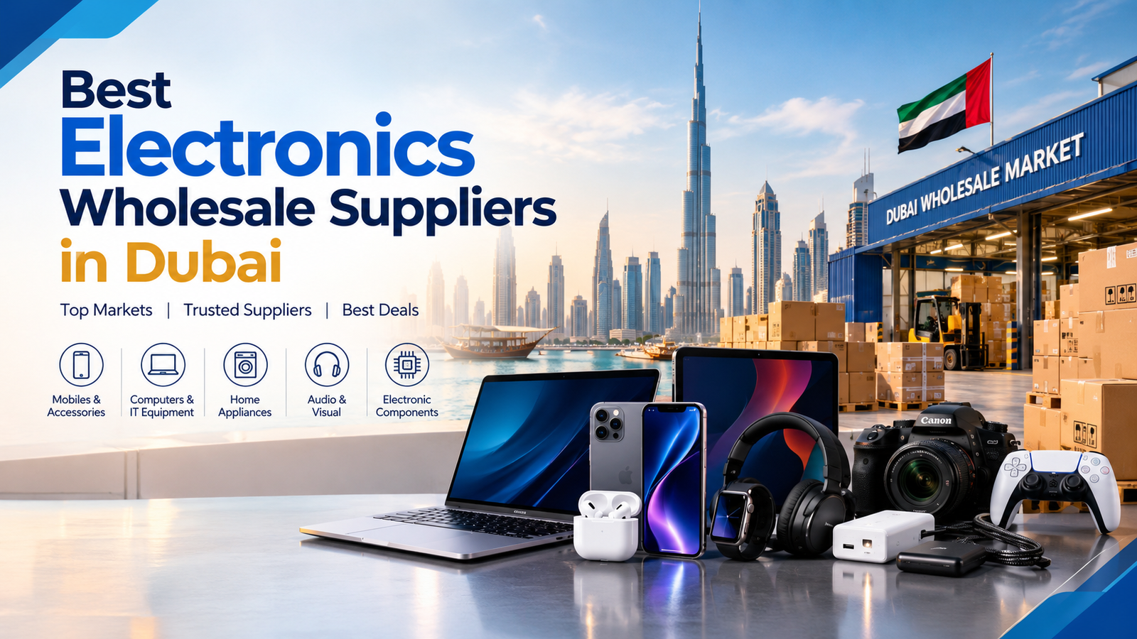 Electronics wholesale suppliers in Dubai featuring smartphones, laptops, cameras, headphones, home appliances, and other electronic products.