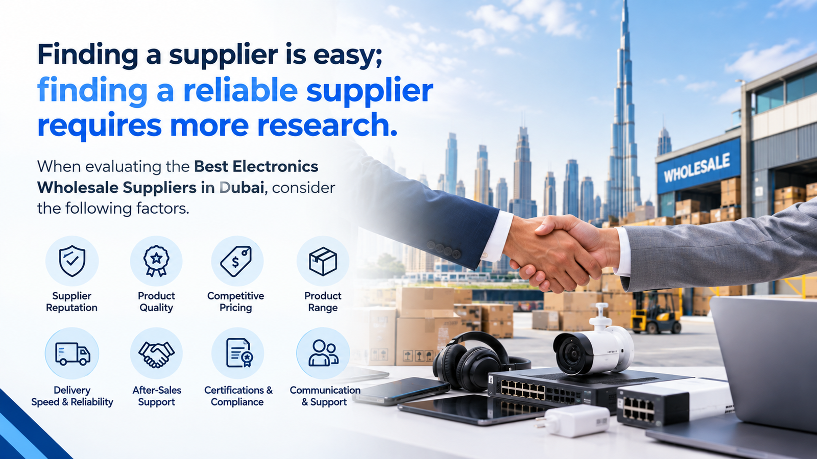 Infographic showing key factors for evaluating reliable electronics wholesale suppliers in Dubai, including reputation, product quality, pricing, product range, delivery, after-sales support, certifications, and communication.