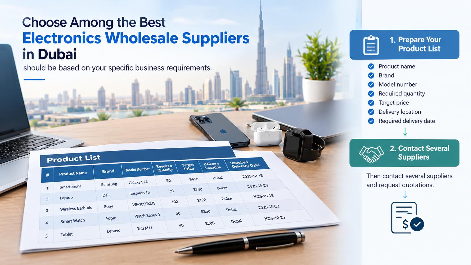 Product list for comparing electronics wholesale suppliers in Dubai, including brands, model numbers, quantities, prices, delivery location, and dates.