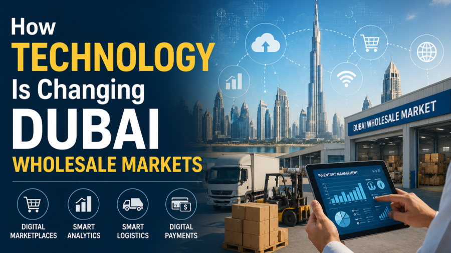 Technology-driven Dubai wholesale market with digital marketplaces, smart analytics, smart logistics, digital payments, inventory management, and modern warehouse operations.