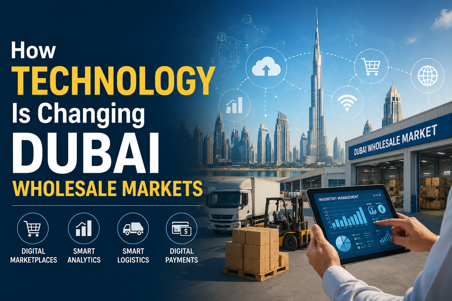 Technology-driven Dubai wholesale market with digital marketplaces, smart analytics, smart logistics, digital payments, inventory management, and modern warehouse operations.