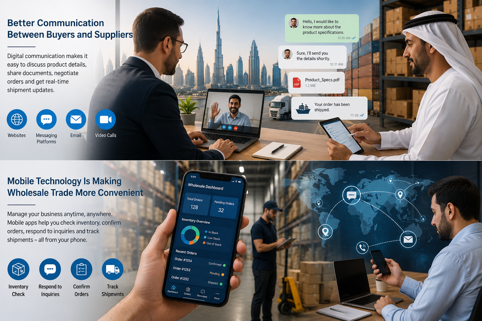 Digital communication and mobile technology connecting Dubai wholesale buyers and suppliers