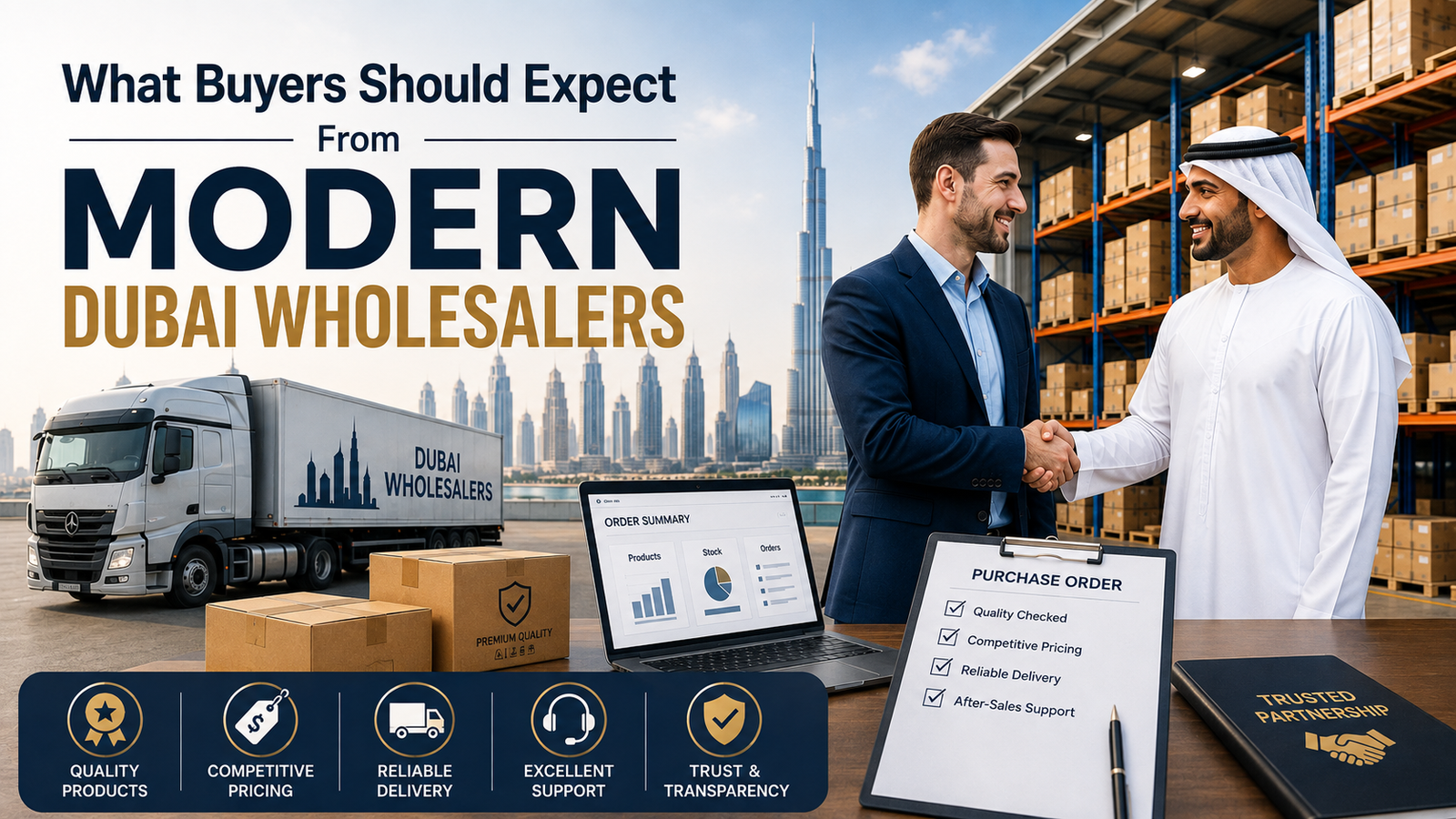 Modern Dubai wholesale warehouse with business professionals, delivery truck, digital order management, quality products, competitive pricing, reliable delivery, and buyer support.