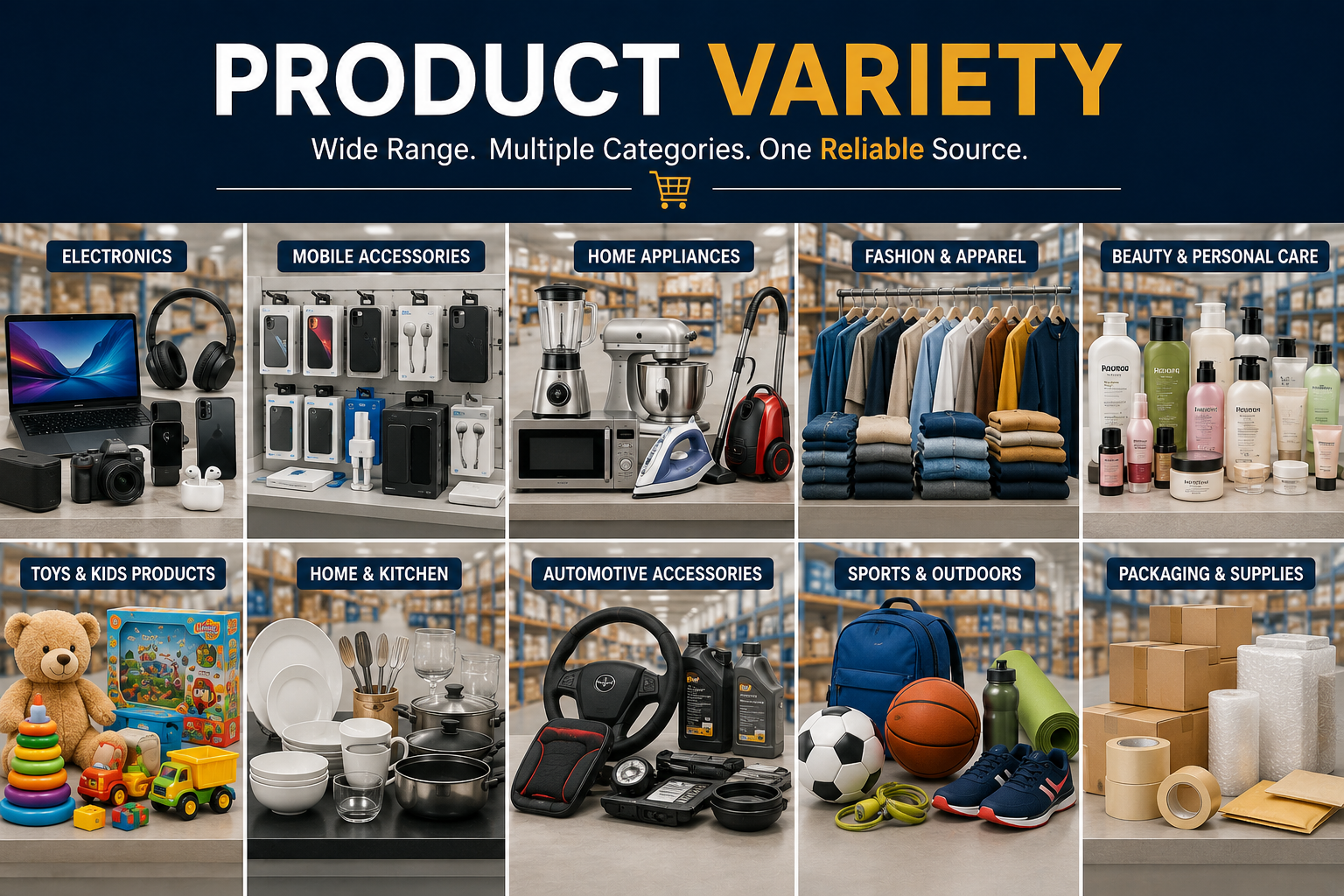 Product variety in wholesale markets featuring electronics, mobile accessories, home appliances, fashion, beauty products, toys, kitchenware, automotive accessories, sports goods, and packaging supplies.