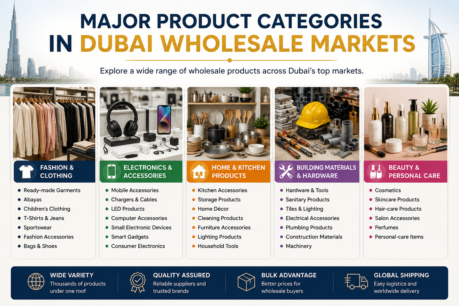 Dubai wholesale market product categories infographic