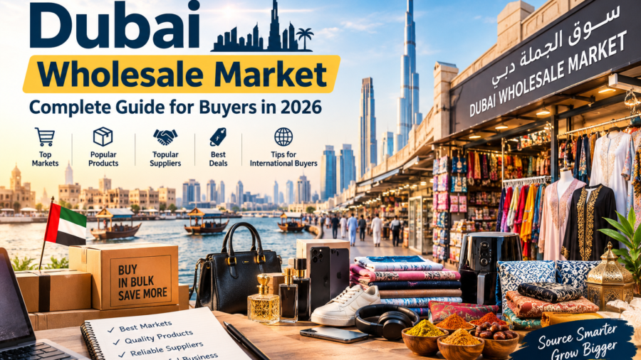Dubai Wholesale Market 2026 guide featuring Dubai skyline, wholesale shops, products, and international buyers