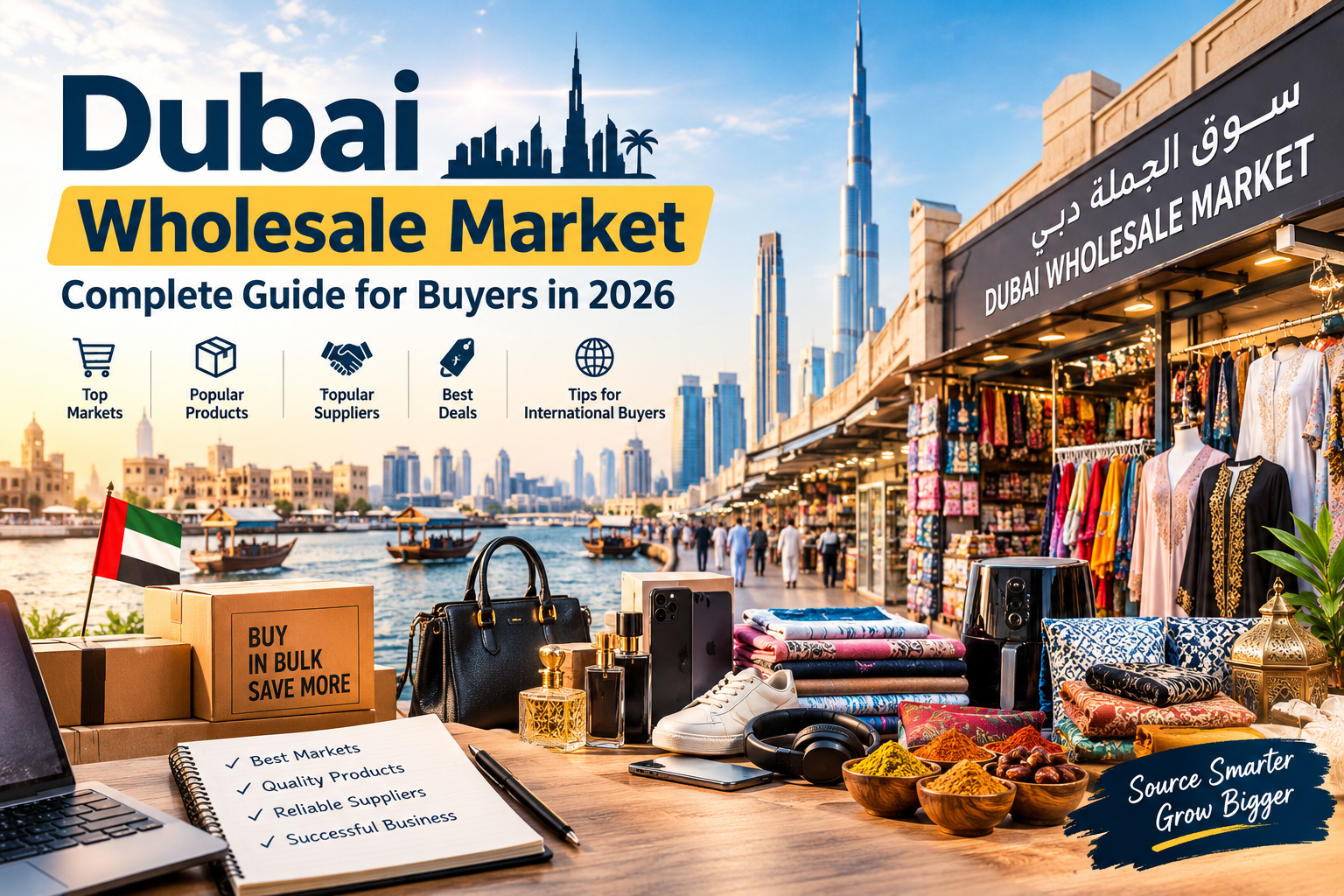 Dubai Wholesale Market 2026 guide featuring Dubai skyline, wholesale shops, products, and international buyers