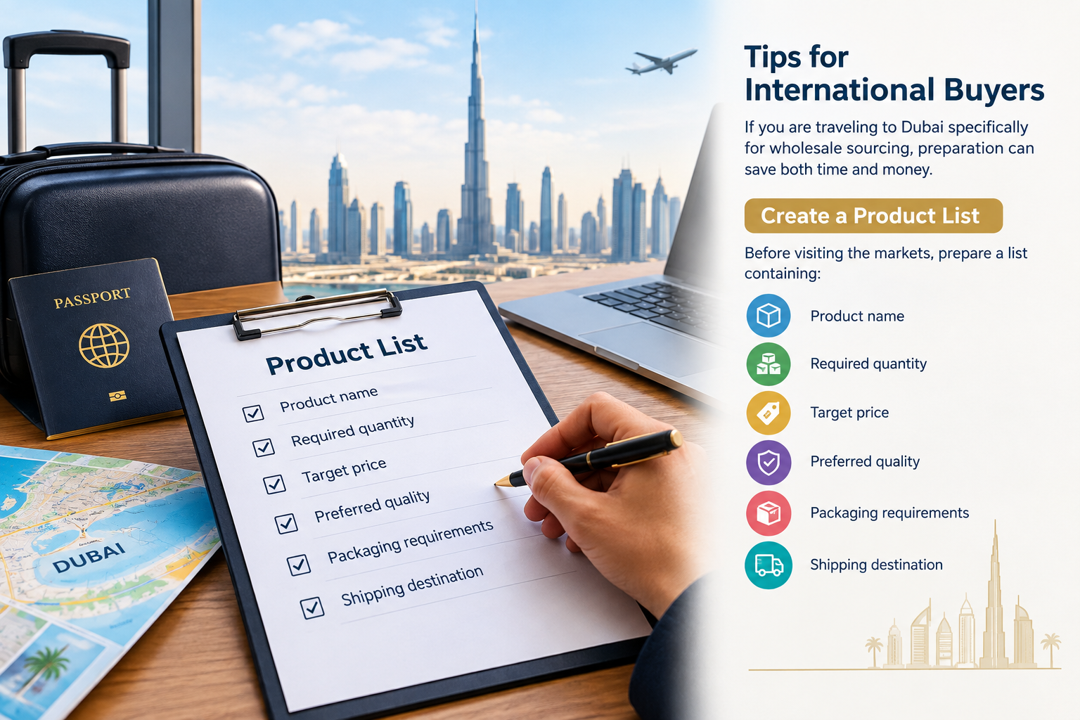 Tips for international buyers preparing a product list for Dubai wholesale sourcing, including quantity, target price, quality, packaging, and shipping destination.