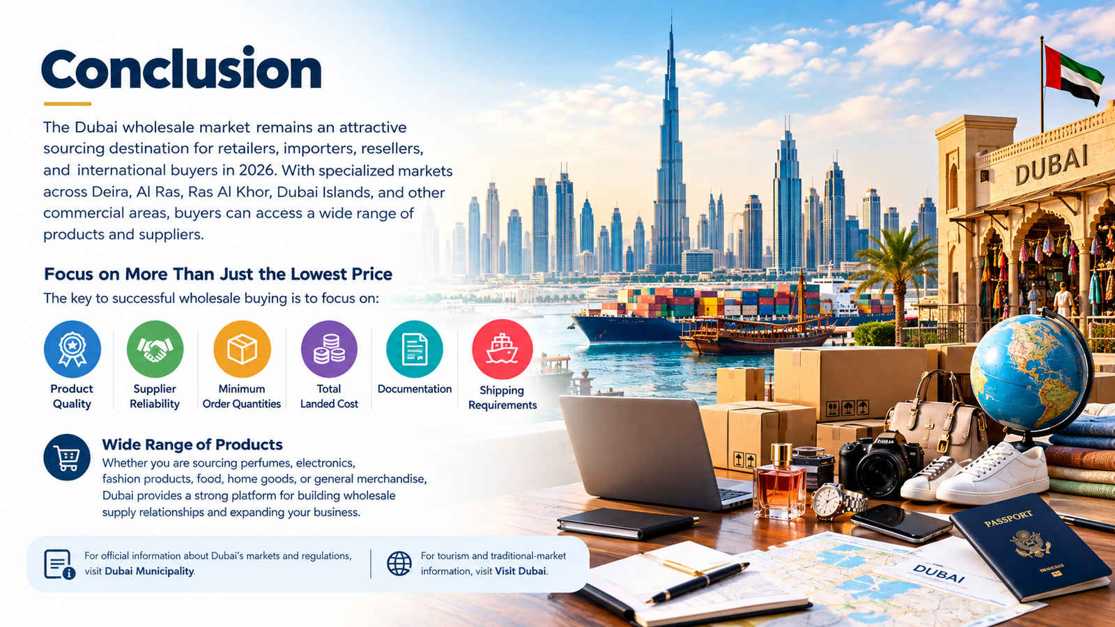 Dubai wholesale market conclusion showing global sourcing, diverse products, reliable suppliers, shipping, documentation, and key factors for international buyers in 2026.