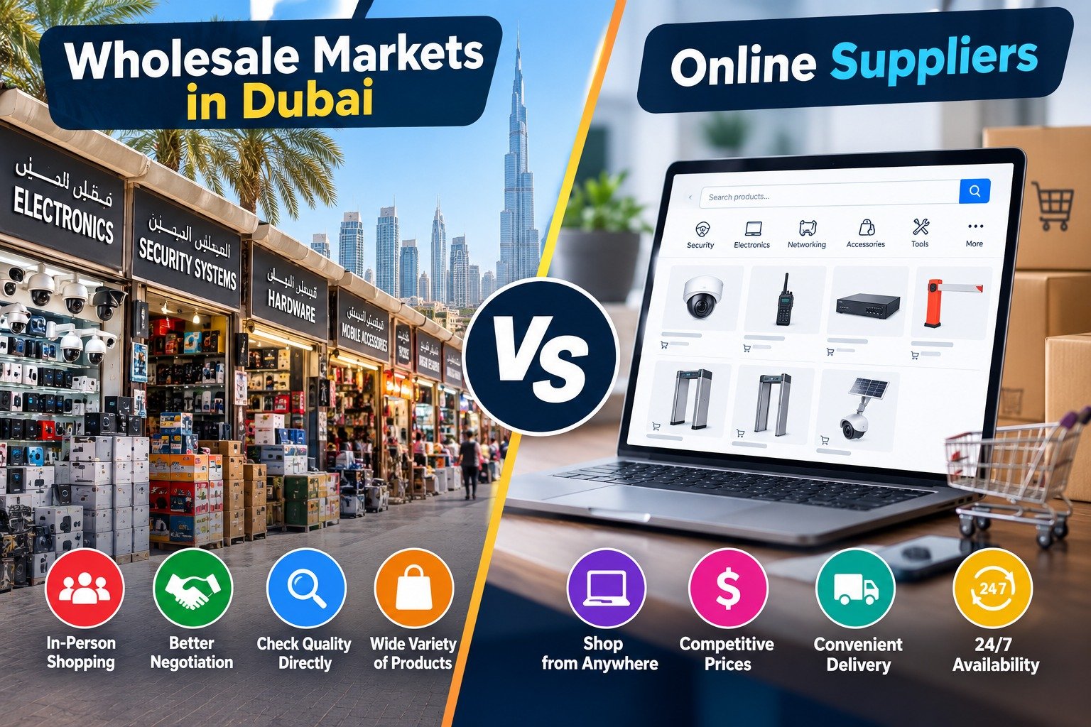 Comparison of wholesale markets in Dubai and online suppliers, showing physical shopping with security products and electronics on one side and online product sourcing through a laptop on the other.